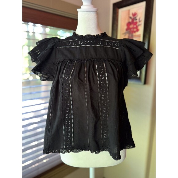 Estellina Tops - Estellina Womens Open-Back Eyelet Solid Blouse (Black) Small